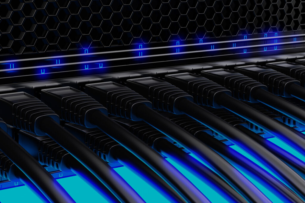 Modern network switch with cables.